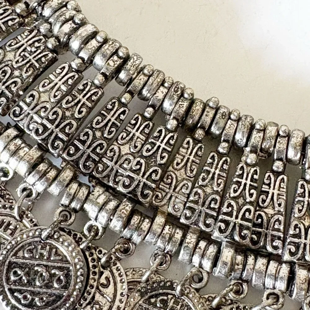 Silver Tone Coin Wide Choker Necklace Bohemian Gypsy Love Affair 16.5” - Picture 4 of 14